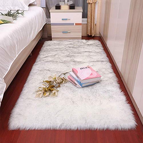 YIWOYI Schlafzimmerteppich, flauschiger Teppich und Tapete, weiches Schaffell-Teppich, Wohnzimmer, Schlafzimmer, weißer Kunstfell-Teppich (weiß-graue Spitze, 50 x 80 cm) von YIWOYI