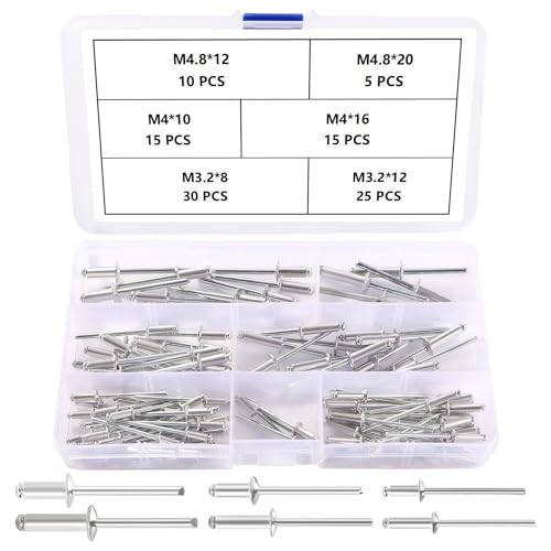 YIXISI 100 Stücke 6 Größen M3.2 / M4 / M4.8 Aluminium Blindnieten Satz, Große Flansch Blindnieten, Dome Blind Nieten, für Metall Holz Aufbewahrungsbox Möbel Kunststoff von YIXISI