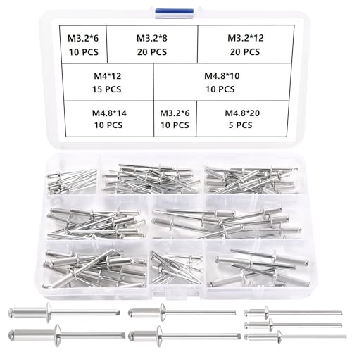 YIXISI 100 Stücke 7 Größen M3.2 / M4 / M4.8 Aluminium Blindnieten Satz, Große Flansch Blindnieten, Dome Blind Nieten, für Metall Holz Aufbewahrungsbox Möbel Kunststoff von YIXISI