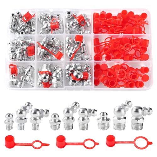 YIXISI 120 Stücke M6/M8/M10 Schmiernippel Sortiment Kit, Gerade 90° 45° Hydraulik Fettnippel Sortiment, Kegelschmiernippel, mit Kunststoff Schmiernippel Staubkappen, für Fettpistolen Mechanische von YIXISI