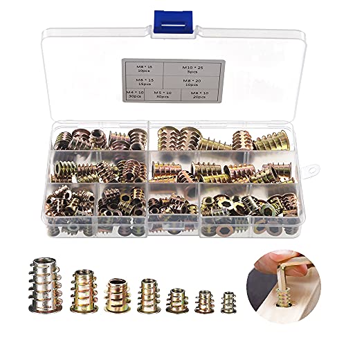 YIXISI 120 Stücke Zink-legierung Einschraubtyp Hex Antrieb Gewindeeinsatz Muttern Sortiment, Innensechskantmuttern ​Gewindeeinsatz Muttern M4 / M5 / M6 / M8 / M10, für Weiches Holz Holzmöbel von YIXISI