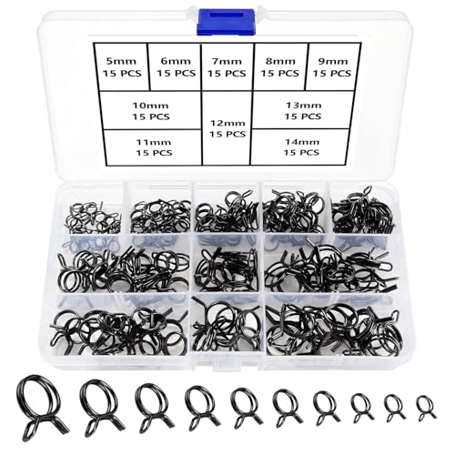 YIXISI 150 Stücke 5-14 mm Schlauchschellen Set, Federclip Schlauchschelle, Kraftstoffleitung Klemme, Kraftstoffleitung Befestigung Schellen, für Auto Motorrad Roller ATV (10 Größen, Schwarz) von YIXISI