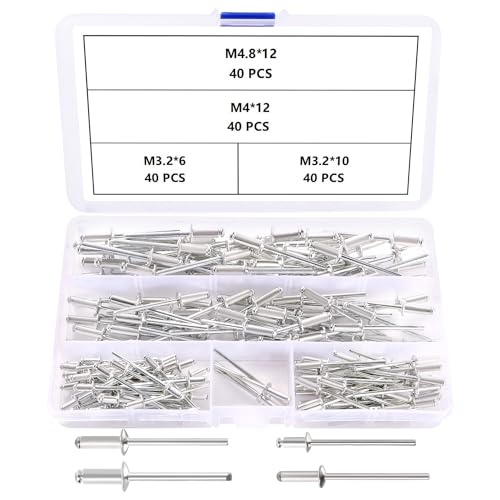 YIXISI 160 Stücke 4 Größen M3.2 / M4 / M4.8 Aluminium Blindnieten Satz, Große Flansch Blindnieten, Dome Blind Nieten, für Metall Holz Aufbewahrungsbox Möbel Kunststoff von YIXISI