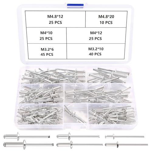 YIXISI 170 Stücke 6 Größen M3.2 / M4 / M4.8 Aluminium Blindnieten Satz, Große Flansch Blindnieten, Dome Blind Nieten, für Metall Holz Aufbewahrungsbox Möbel Kunststoff von YIXISI