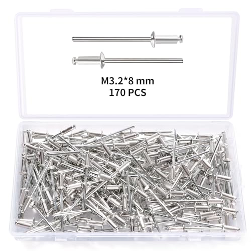 YIXISI 170 Stücke M3.2x8 mm Aluminium Blindnieten, Große Flansch Blindnieten, Dome Blind Nieten, für Metall Holz Aufbewahrungsbox Möbel Kunststoff von YIXISI