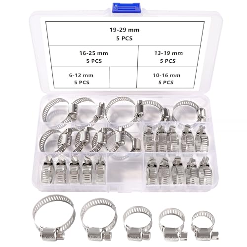 YIXISI 25 Stücke 6-29 mm Schlauchschellen Set, 304 Edelstahl Schlauchschellen, Einstellbare Schlauchklemme, Schneckengetriebe Schlauchschellen, für Wasserleitungen, Sanitär, 5 Größen von YIXISI