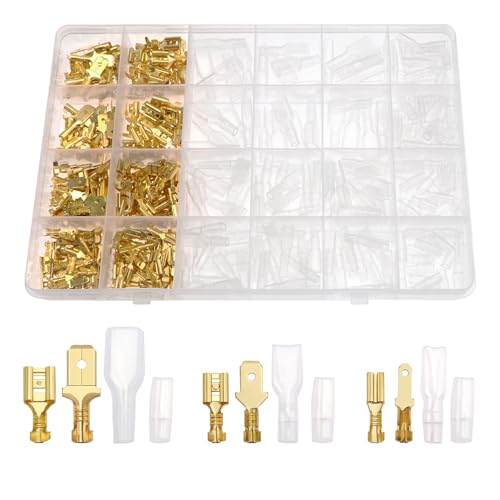 YIXISI 440 Stück 2.8mm 4.8mm 6.3mm Flachsteckhülsen Set, Männlich Weiblich Kabelsteckschuhe and Insulating Sleeve Assortment Kit, für die elektrische Verkabelung von Auto Audiolautsprechern, Gold von YIXISI