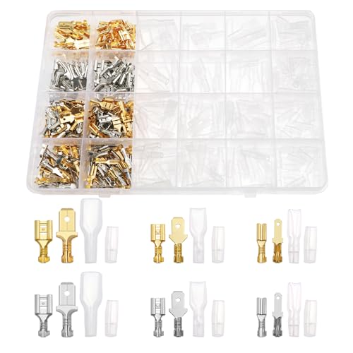 YIXISI 440 Stück 2.8mm 4.8mm 6.3mm Flachsteckhülsen Set, Male and Female Wire Spade Connector and Insulating Sleeve Assortment Kit, für die elektrische Verkabelung (Gold + Silber) von YIXISI