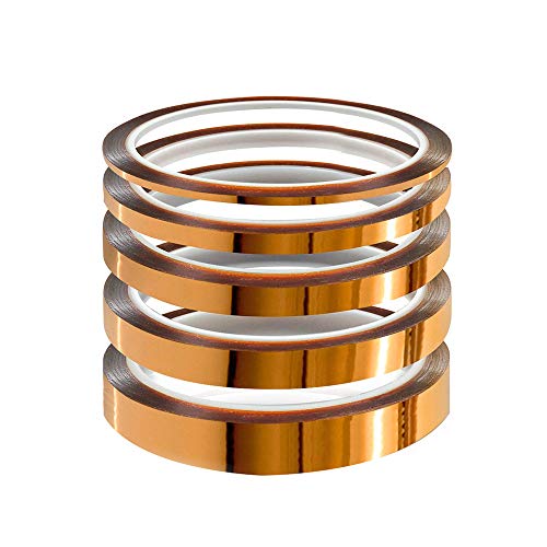 YIXISI 5 Stücke Kapton Tape, Hohe Temp Tape, Hohen Temperaturen Hitzebeständig Klebeband, Polyimid Film Klebeband (3mm/6mm/8mm/10mm/12mm * 33m) von YIXISI