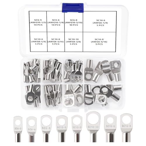 YIXISI 55 Stücke M5/M6/M8/M10 Ringkabelschuhe Set, Röhrenförmige Batteriekabelenden, Kupferkabelschuhe, für Elektrokabel, Silber von YIXISI