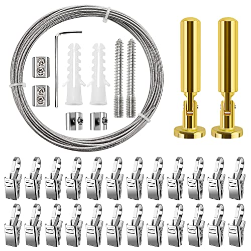 YIXISI 5m Wandhalterung Set, mit 24 Stück Metall Clips Haken, Edelstahl Vorhangdraht, Gardine Stahlseil, für Foto-Draht, Wäscheleine, Draht, Fenster, Vorhang, Spanndraht (Gold) von YIXISI