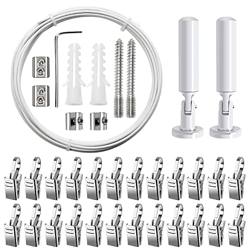 YIXISI 5m Wandhalterung Set, mit 24 Stück Metall Clips Haken, Edelstahl Vorhangdraht, Gardine Stahlseil, für Foto-Draht, Wäscheleine, Draht, Fenster, Vorhang, Spanndraht (Weiß) von YIXISI