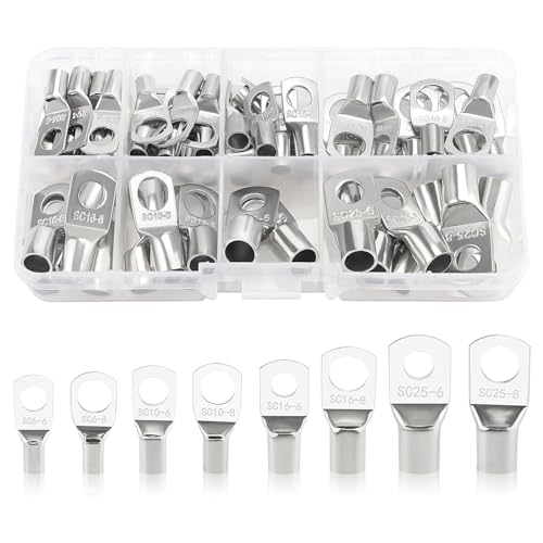 YIXISI 60 Stück M6/M8 Ringkabelschuhe Set, Röhrenförmige Batteriekabelenden, Kupferkabelschuhe, für Kfz Auto Motorad Boote, Silber von YIXISI