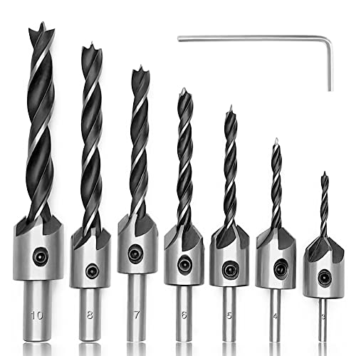 YIXISI 7 Stücke Senker Bohrer Set 3 4 5 6 7 8 10 mm, mit Innensechskantschlüssel, Reibahle Countersink Bohrer Werkzeug, HSS 5 Flute Senker Bohrer Set für Holzverarbeitung Kunststoff von YIXISI