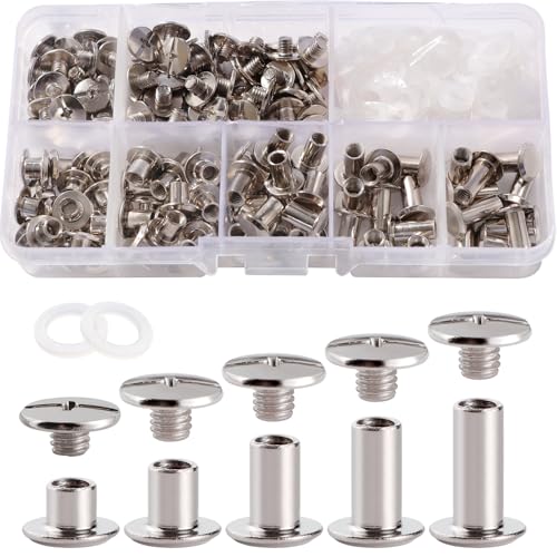 YIXISI 80 Set M5 x 4/6/8/10/12 mm Chicago Binding Schrauben Kit, 5 Größen Buchbindeschrauben Set, Chicago Bindeschrauben, für Leder Dekoration, Bookbinding, Silber von YIXISI