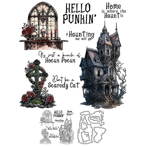 Gothic Castle and Skull Grave Happy Halloween Clear Stamps and Metal Cutting Dies Set with Plastic Envelope Box for Card Making DIY Halloween Decor Alben Crafts Scrapbooking Supplies von YIXUAN