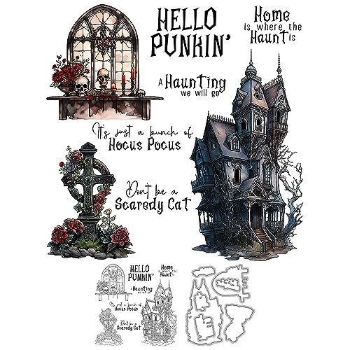 Gothic Schloss und Totenkopf Grab Happy Halloween Transparente Stempel und Metall-Stanzschablonen-Set mit Kunststoffumschlag-Box f?r Kartenherstellung DIY Halloween Dekor Alben Basteln Scrapbooking Zubeh?r von YIXUAN