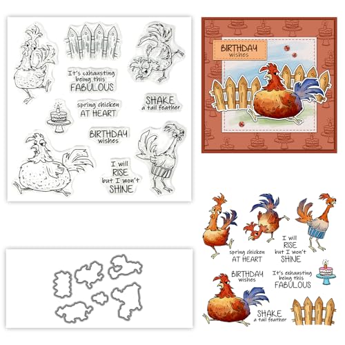 Niedliches Cartoon-Design mit lustigem Hahn, Huhn, transparente Stempel und Metall-Stanzformen-Set mit Kunststoff-Umschlag-Box für Kartenherstellung, DIY-Alben, Basteln, Scrapbooking, Zubehör, von YIXUAN