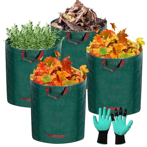 YIYADI 4er Set Gartenabfallsack,300L Gartensäcke,Selbststehend und Faltbar Laubsäcke,für Gras Laub Gartenabfall,mit 1 Paar Gartenhandschuhe von YIYADI