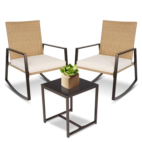 YIYAN 3-teiliges Schaukel-Bistro-Set, Rattan-Gartenmöbel-Set mit 2 Schaukelstühlen und Kaffeetisch für Balkon, Veranda und Garten (Hellbeige) von YIYAN