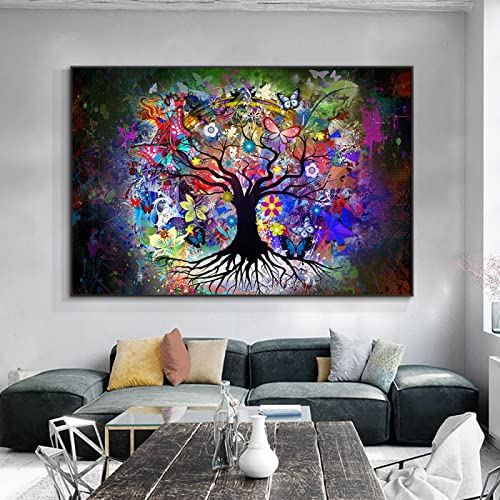 Abstrakte farbenfrohe Lebensbaum-Leinwandmalerei moderne nordische Blumen Pflanze Poster und Drucke Wandkunst Bild Wohnkultur 50 x 75 cm (20 x 30 Zoll) mit Rahmen von YIYAOFBH