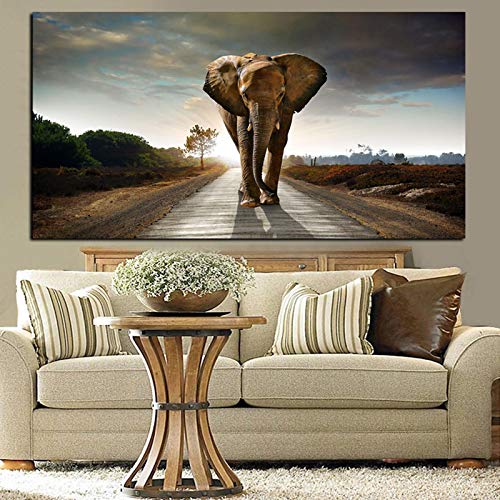 Malerei auf Leinwand Afrika Elefant Wildtier Landschaft Kunst Poster und Drucke Wandkunst Bild für Wohnzimmer Dekor 40x80cm(16x31in) mit Rahmen von YIYAOFBH
