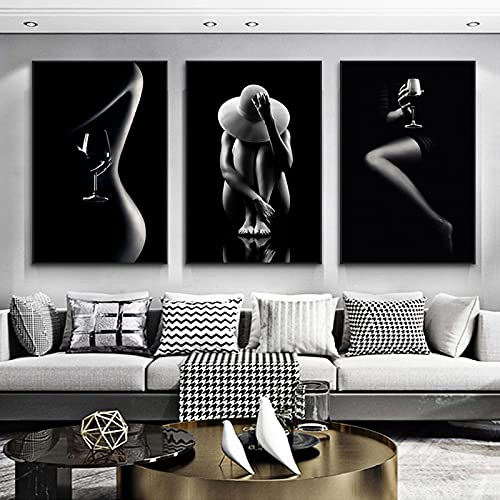 Schwarz Weißer Frauenkörper Wandkunst Leinwand Aktbilder Drucke Wandposter Modernes Schlafzimmer Wohnzimmer Dekor Gemälde 50x65cm(20x26in)x3 Rahmenlos von YIYAOFBH