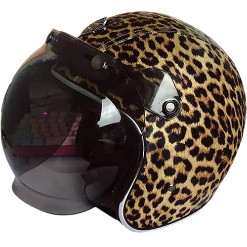 YIYHFKM Leopardenmuster Erwachsene Roller-Helm Moped-Helm Jethelm Roller Helm Jet Helm Mopedhelm Herren Und Damen ECE-Zertifizierter Halbschalenhelm (Größe: 55–62 cm) von YIYHFKM
