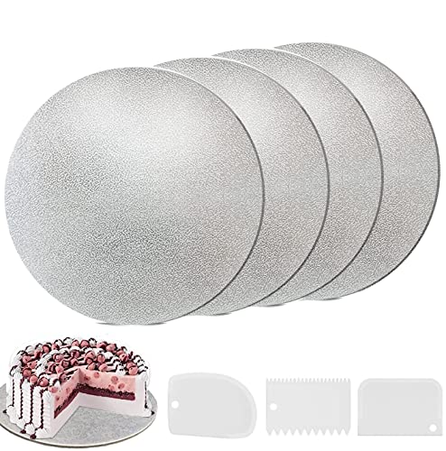 YIYICO Cake Board Tortenunterlage Cakeboard Rund Ø 30cm/12inch 4er Wiederverwendbar Torten Unterplatten für Transport Kuchen und Torten, mit 3 Stück Kuchenschaber (Silber) von YIYICO