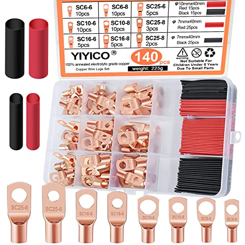 Tubular Cable Lugs Ring Terminals 140 Copper Terminals in 9 Sizes 80 pieces Heat Shrink Tube for Crimping Electric Wires Connectors Cable Lugs von YIYICO