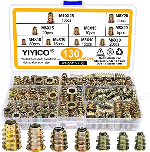 YIYICO Gewindeeinsatz Holz Einschraubmutter Einschraubmuffen M4 M5 M6 M8 M10 130Stk Zinklegierung Innensechskantmuttern Sortiment für Holzmöbel von YIYICO