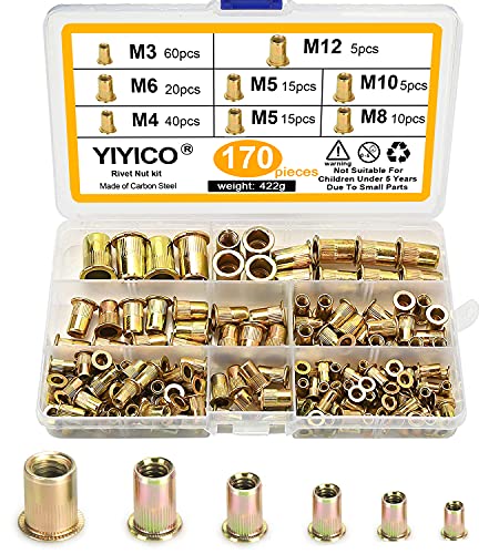 YIYICO Nietmuttern Blindnietmuttern Einnietmuttern M3 M4 M5 M6 M8 M10 M12 Nietmutter set 170stk Kohlstahl Gewindenieten Flachkopf Gewinde Einziehmuttern von YIYICO