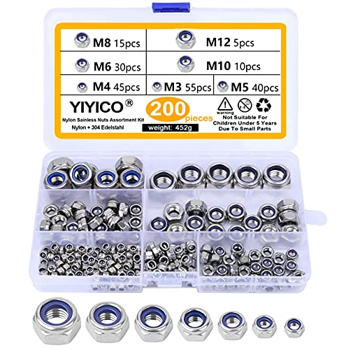 YIYICO Selbstsichernde Muttern Sortiment Sechskantmuttern Sicherungsmuttern 200Stk M3 M4 M5 M6 M8 M10 M12 Kontermuttern Edelstahl Mutter Set von YIYICO