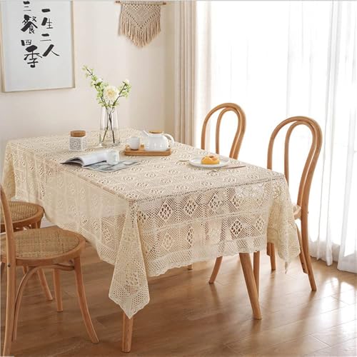YIYOHON Vintage Beige Baumwolle Häkel-Tischdecken Handgemachte Häkel-Tischdecke Rechteckige Tischdecke für Küche Abendessen Hochzeit Party Dekoration (Beige 140 x 220 cm) von YIYOHON