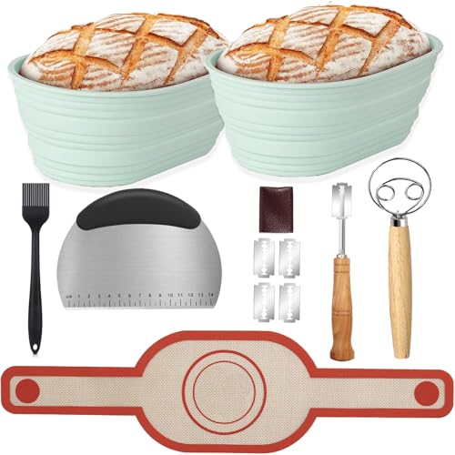 Gärkörbchen,Sauerteig Starter Set-2 Stücke Silikon Oval 10 Zoll Brotbackzubehör Sauerteig Set Gärkorb für Brot Backen,Faltbar Brotkorb Brot Backen Zubehör Brotbackset mit Backmatte Brot von YIYSTRIEY
