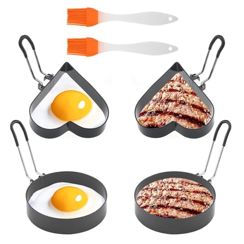4 Stück Spiegeleiformen Edelstahl,Spiegeleierformen für Die Pfanne,Runde Spiegeleiform,Herz Spiegeleierformen,Pancake Form,Eierringe Antihaft Omelettform mit Griffen für Spiegelei/Pfannkuchen/Sandwich von YIZWINS