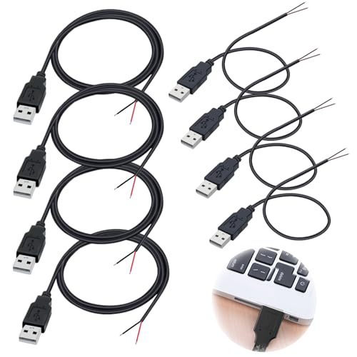 YIZWINS 8 Stück USB Stecker Lötbar, 22 AWG USB 2.0 Kabel, Stecker 2 Polig Blanker Draht mit offenem Ende Kabel mit Stecker (12 V 3 A 4 Stück 0.3 m USB Stromkabel und 4 Stück 1 m USB Stromkabel) von YIZWINS