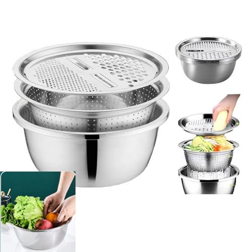 YImoomus Germany Multifunctional Stainless Steel Basin, 3 In 1 Graters Cheese Grater Salad Maker Bowl Drain Basin, 3PCS Vegetable Slicer Grater Strainer and Drain Basket (24 Cm) von YImoomus