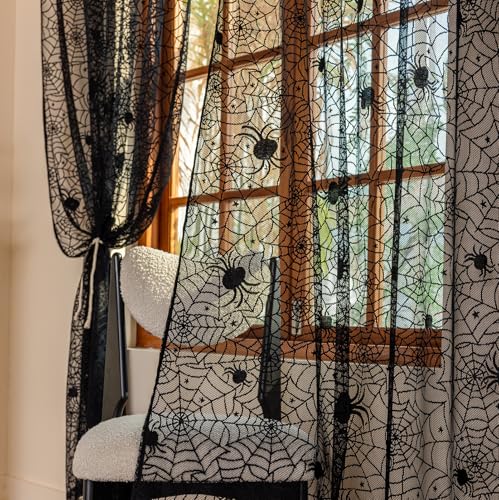Halloween-Küchenvorhänge, 137,2 cm lang, Gothic-Spinnennetz, viktorianische Vorhänge, 2 Paneele, gruseliger, kurzer transparenter Vorhang für Badezimmer, Schlafzimmer, Gothic-Spinne von YJ YANJUN