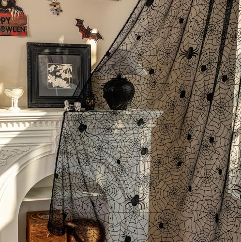 Halloween-Vorhänge für Wohnzimmer, 182,9 cm lang, Gothic-Schwarz, durchscheinende Vorhänge, 2 Paneele, gruselige Spinnennetze, Halloween-Dekoration für Partyzubehör, Garagentor, 132 x 183 cm (B x L) von YJ YANJUN