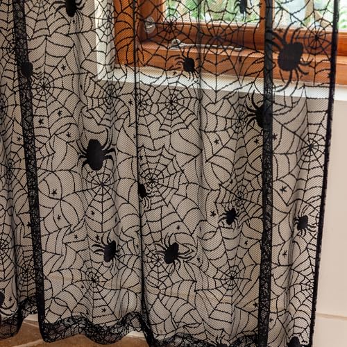Schwarze Spitzenvorhänge, 160 cm Länge, 2 Paneele, Halloween-Gothic-Vorhänge für Schlafzimmer, Küche, Spinnennetze, Halloween-Dekoration, Sarg, Hexe, Gothic, Spukhaus-Dekoration, 132 x 160 cm (B x L) von YJ YANJUN