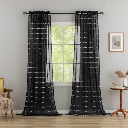 Transparente Vorhänge, 244 cm lang, Bohemian-Stil, gestreift, gemustert, Kunstleinen-Vorhänge für Wohnzimmer, halbtransparent, lichtfilternd, Bohemian-Stickerei, Drapierung für Halloween-Dekoration, von YJ YANJUN