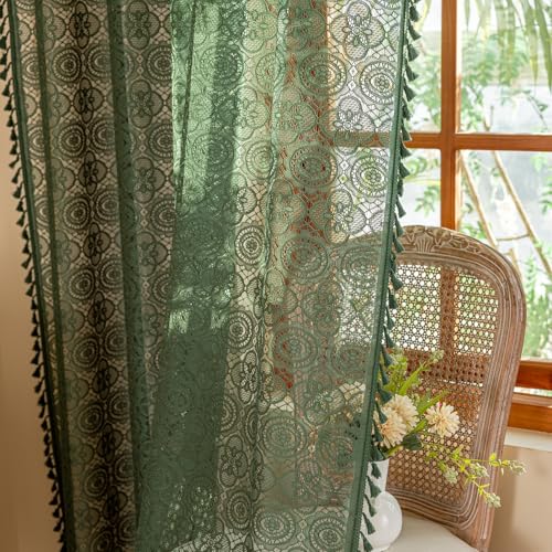 YJ YANJUN Böhmische Vorhänge mit Spitze, Boho, grün, durchscheinend, 243,8 cm lang, 2 Paneele, altmodisch, gehäkelt, für Wohnzimmer, Frühlingsquasten, Vorhänge, Lichtfilterung, Bauernhaus-Vorhänge, von YJ YANJUN