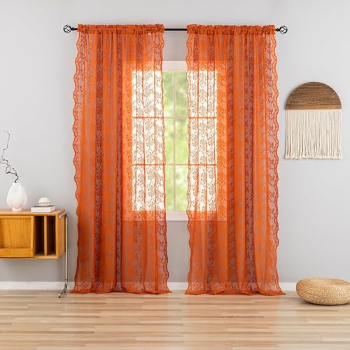 YJ YANJUN Burnt Orange Vorhänge, 274,3 cm, 2 Paneele, extra lang, florales Muster, Spitze, Voile, Fenstervorhänge, Herbstfarbe, durchsichtige Vorhänge für Wohnzimmer, Esszimmer, Schiebetür, 132 x 274 von YJ YANJUN