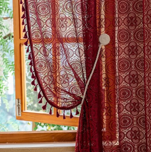 YJ YANJUN Durchsichtige Spitzenvorhänge, Burgunderrot, 160 cm Länge, mit Quaste, für Schlafzimmer, Boho, Kastanienbraun, Vorhang für Wohnzimmer, Lichtfilterung, gehäkelt, Erkerfenstervorhänge, 2 Stück von YJ YANJUN