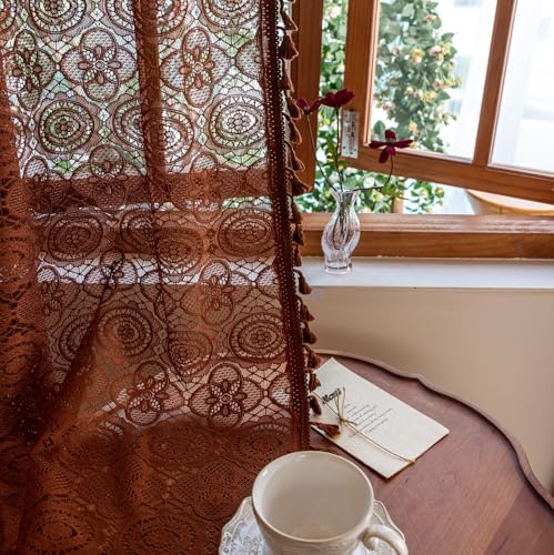 YJ YANJUN Karamellbraune transparente Vorhänge, 183 cm lang, 2 Paneele, Shabby-Chic-Blumenmuster, Spitzenvorhang, Paneele mit Quaste, böhmische Vorhänge für Wohnzimmer/Schlafzimmer/Terrassentür von YJ YANJUN
