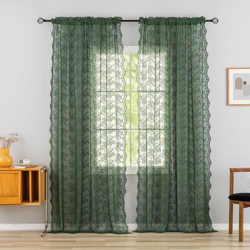 YJ YANJUN Olivgrüne Vorhänge, 274,3 cm lang, 2 Paneele für große Fenster, Vintage, dunkelgrün, Spitzenvorhänge für hohe Decke, Wohnzimmer, ästhetisch, neutrales Dekor, 132 x 274 cm, Moosgrün von YJ YANJUN