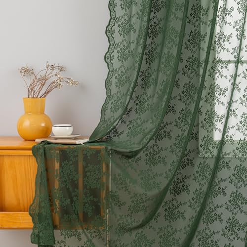 YJ YANJUN Olivgrüne transparente Vorhänge, 183 cm lang, Vintage-Blumenmuster, Boho-Vorhänge für Wohnzimmer, Spitze, bestickte Vorhänge, ästhetische Badezimmervorhänge, Lichtfilterung, von YJ YANJUN