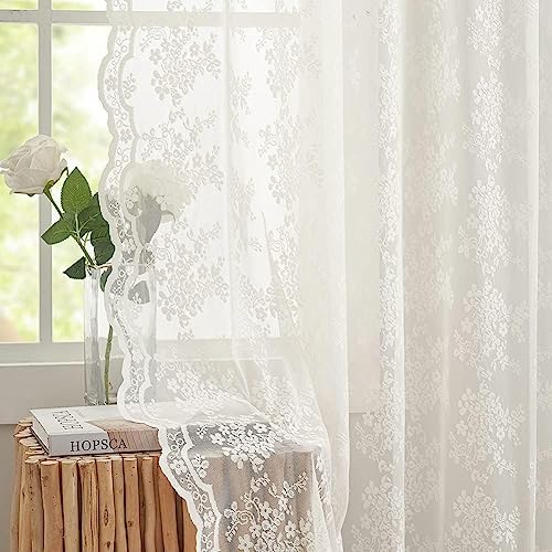 YJ YANJUN Spitzen-Café-Vorhänge, 114,3 cm Länge, Landhaus-Blumenmuster, kurz, Voile, durchsichtig, Küchengardine, Sichtschutz, Badezimmer, Fenstervorhänge, 132 x 114 cm, Elfenbeinfarben, 2 Stück von YJ YANJUN
