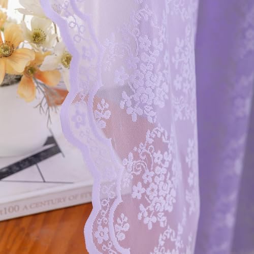 YJ YANJUN Violette Netzvorhänge, durchscheinende Spitzenvorhänge für Schlafzimmer, schweres, kurzes Fenster, Voile, Stangentasche, 2er-Set, 132 x 137 cm, Lavendel von YJ YANJUN